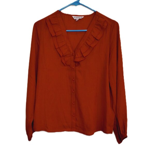 Nanette Lepore Blouse Womens Small Brown Long Sleeve V-Neck Ruffle Collar - Picture 10 of 13